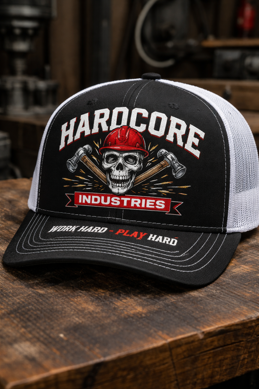 Hardcore "Black and White Work Hard Play Hard" Trucker Cap